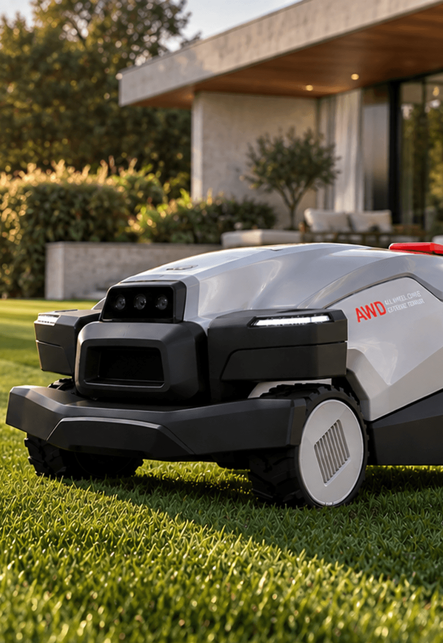 Arrière d’un robot Popster posé sur la pelouse, capot rouge et logo en relief