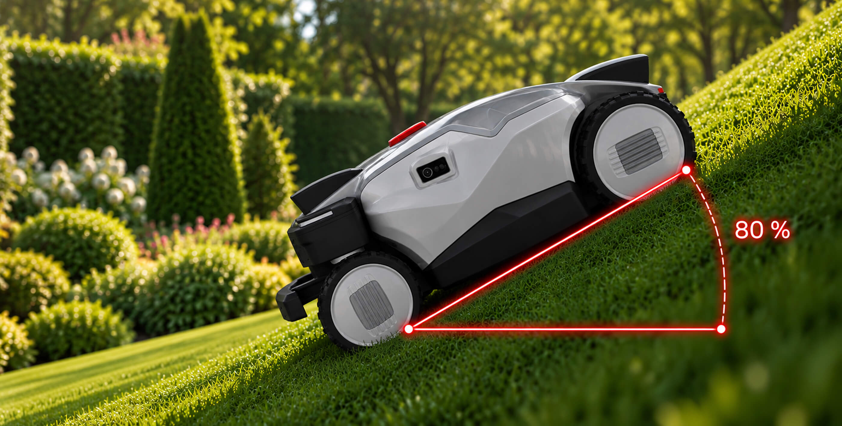 Robot Popster H6 gravissant une pente herbeuse, l’inclinaison matérialisée par un tracé lumineux