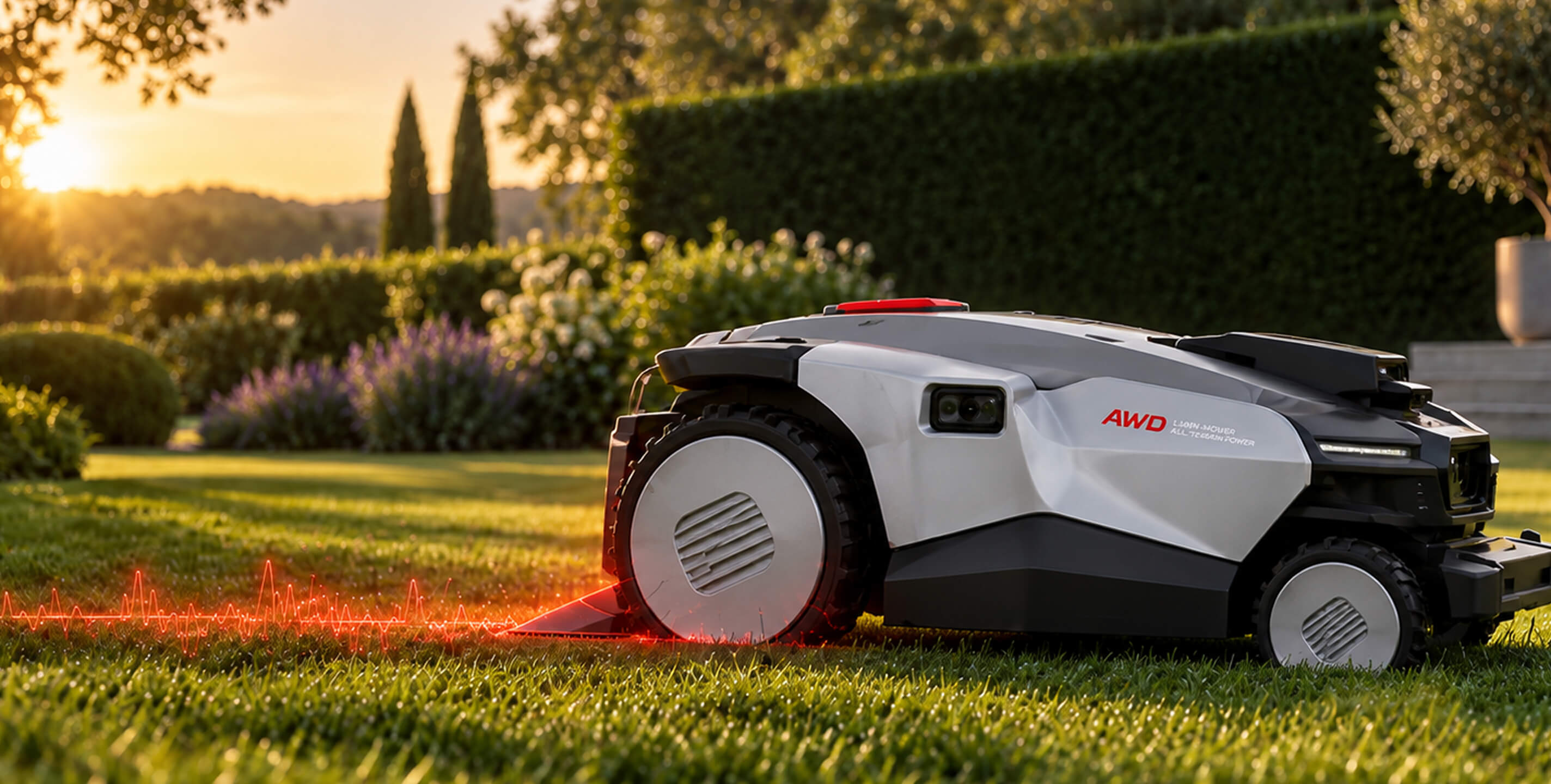 Robot Popster tondant dans un jardin silencieux