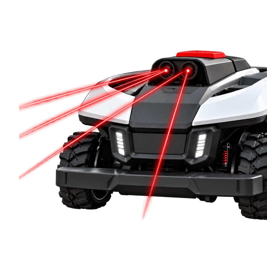 Robot Popster balayant la pelouse de ses capteurs, matérialisés par des faisceaux rouges
