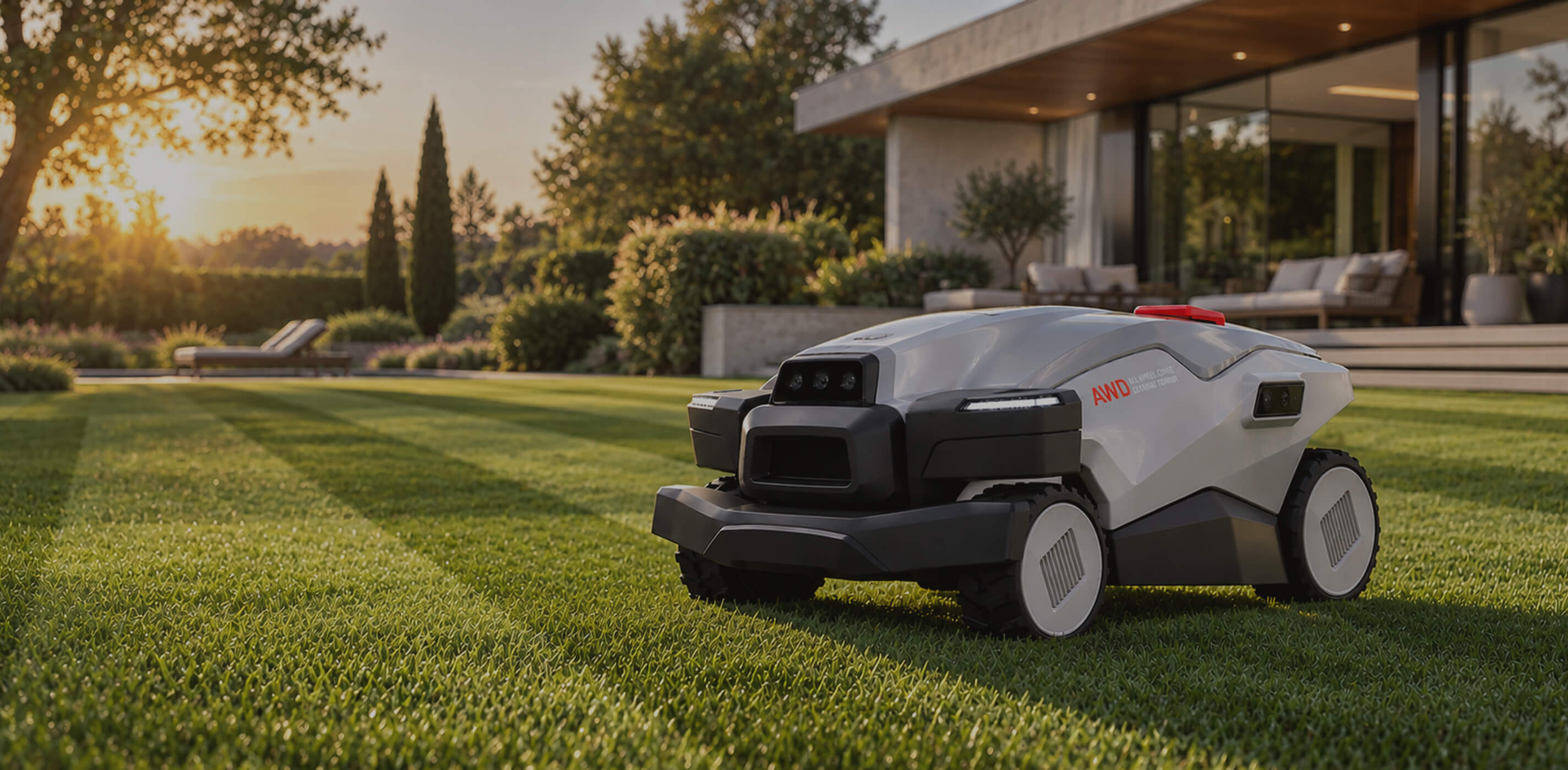 Robot tondeuse autonome Popster, sur la pelouse d’une maison contemporaine