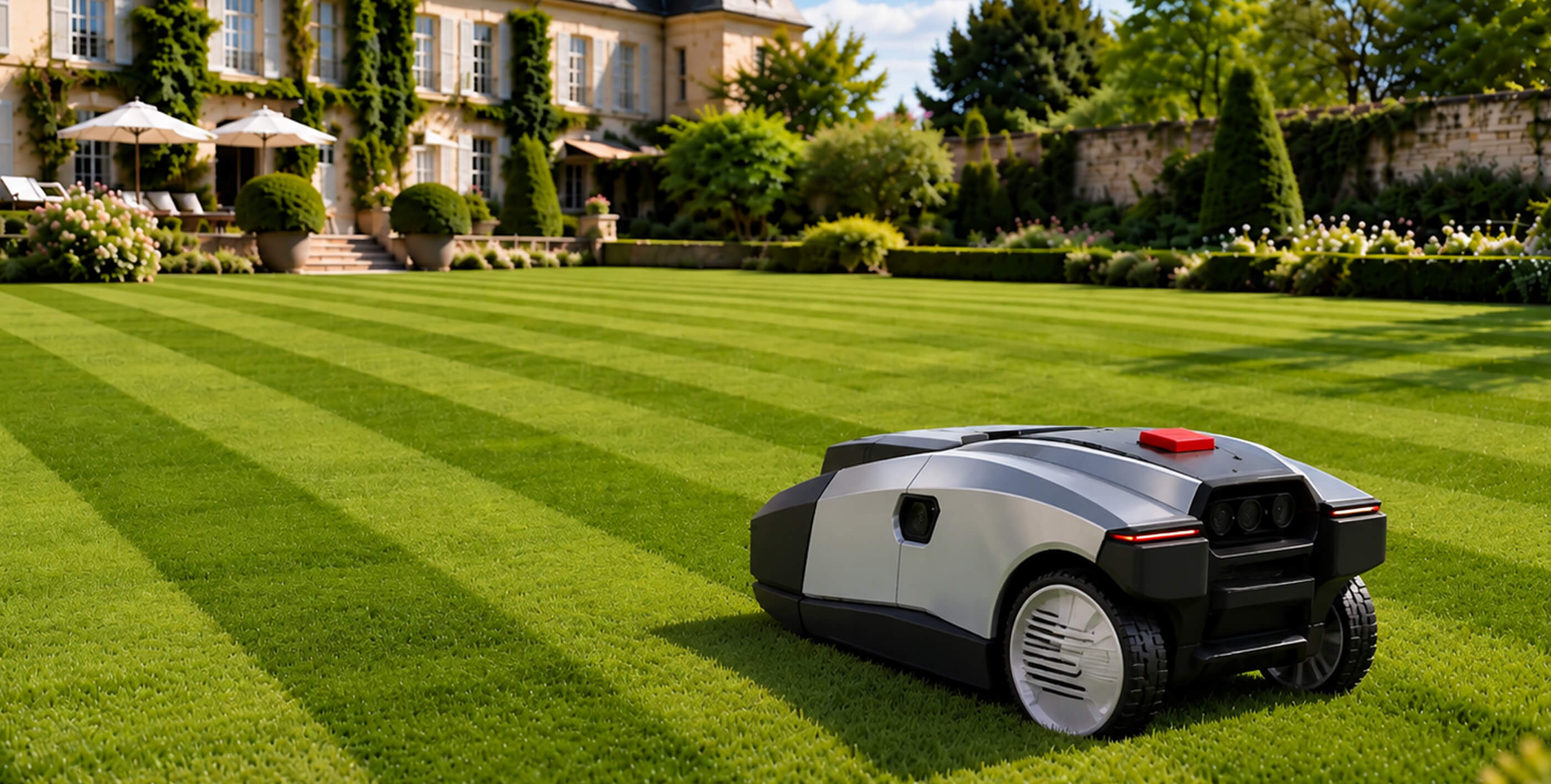 Pelouse tondue en damier devant une demeure de charme, avec un robot Popster H6 en action