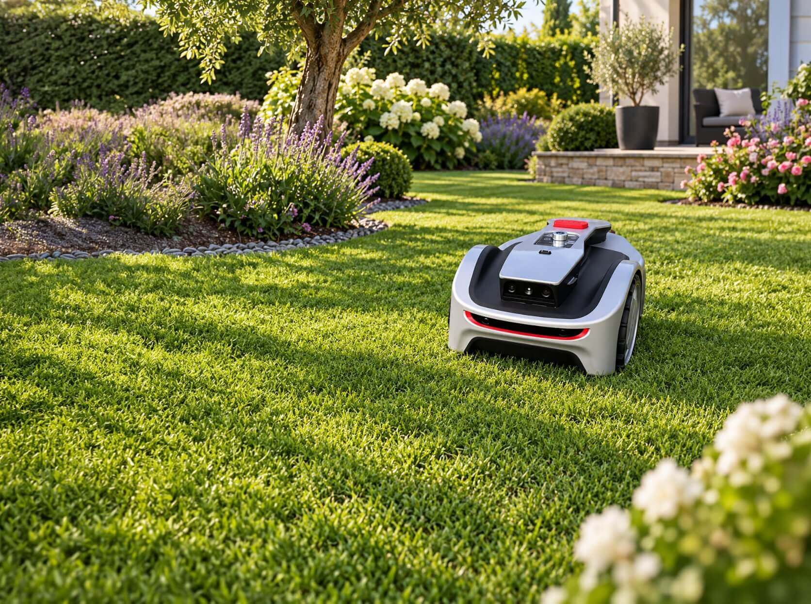 Le robot Popster P3 tond la pelouse d’un jardin de famille fleuri, entre les massifs et la terrasse.