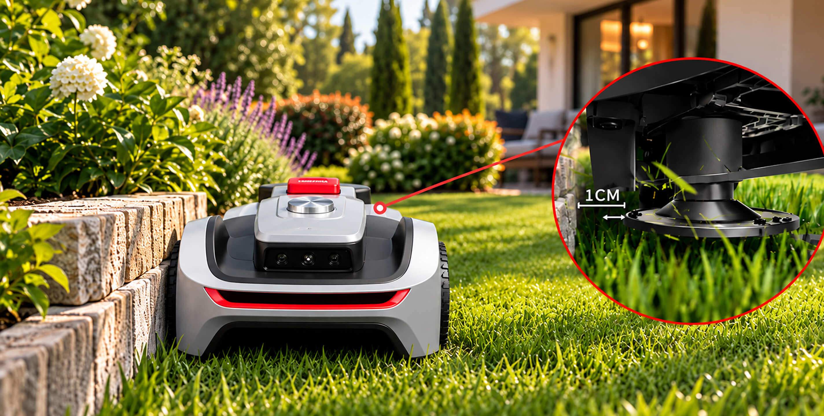 Le robot Popster P3 SE longe un massif, sa lame de bordure vue en gros plan.