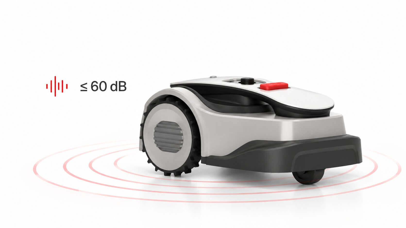 Robot Popster P3 de profil, entouré d’ondes sonores et de la mention « ≤ 60 dB »