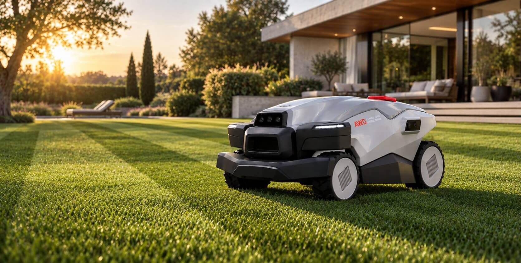 Le robot Popster ULTRA P6, phares allumés, tond la pelouse d'un vaste jardin paysager devant une maison contemporaine.