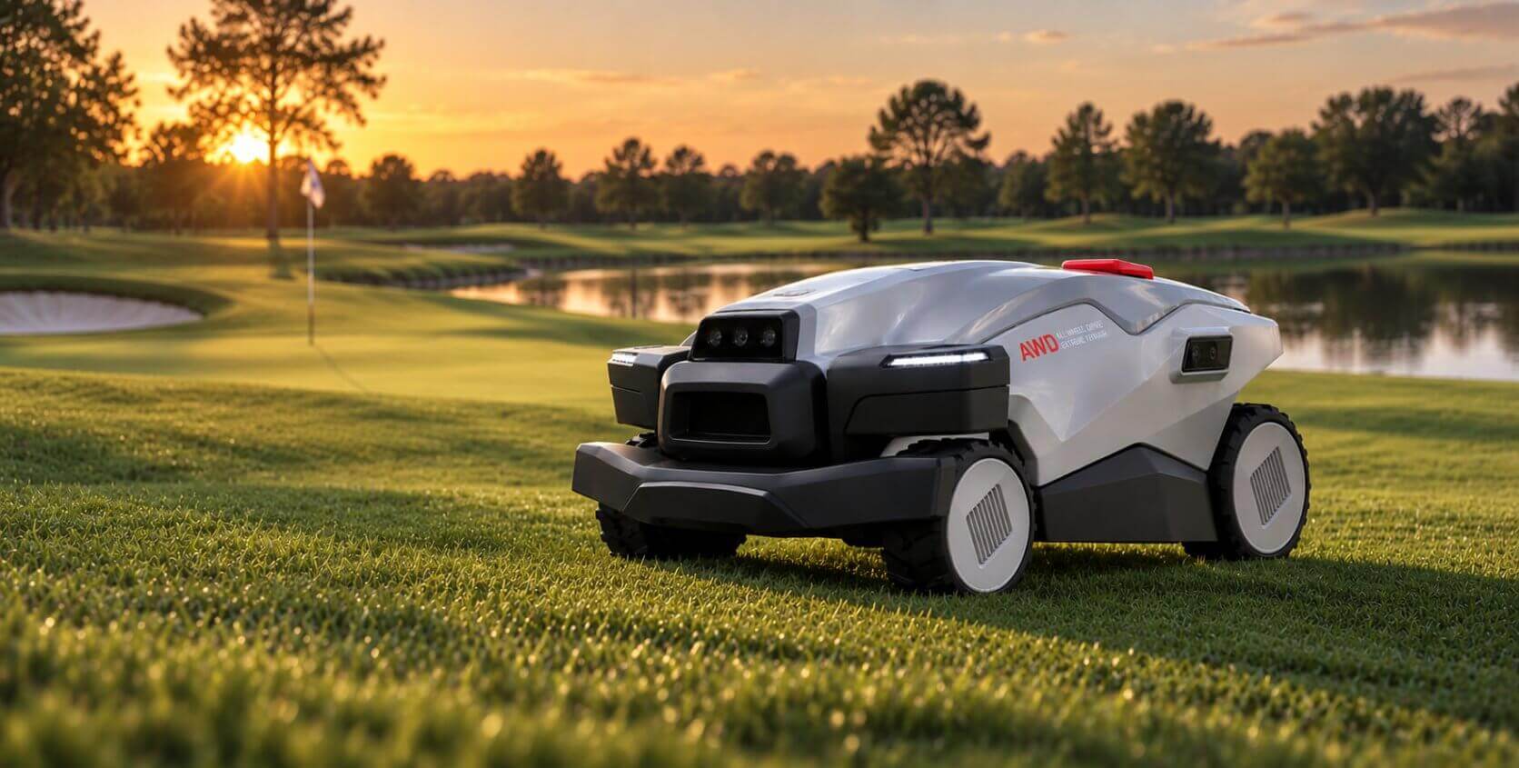 Le robot Popster ULTRA P6+ tond au petit matin la pelouse d’un domaine, étang et grands arbres en arrière-plan.