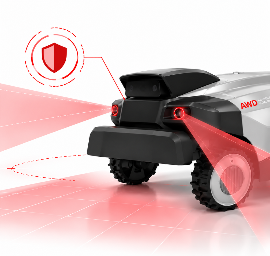 Robot Popster vu de dos, ses capteurs projetant des faisceaux rouges